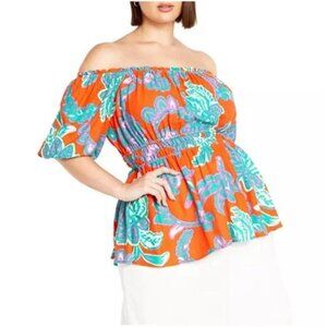 Floral Linen Top Off Shoulder Resort Vacation Boho Bright Bubble Sleeve 16